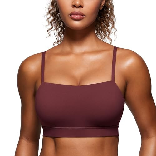 CRZ YOGA Butterluxe Womens Adjustable Spaghetti Thin Strap Sports Bra - Padded Wireless Square Neck Workout Yoga Clothes Red Merlot X-Large | Amazon (US)