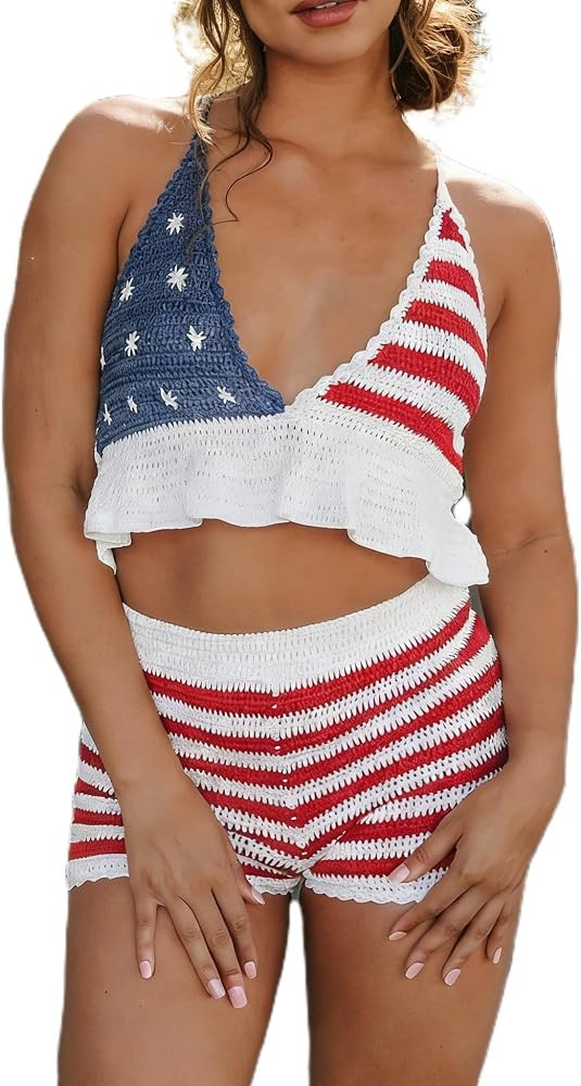 XFLnaraz Women\u2019s 2 Piece July 4th Shorts Sets American Flag Halter Sleeveless Crop Tank Tops... | Amazon (US)
