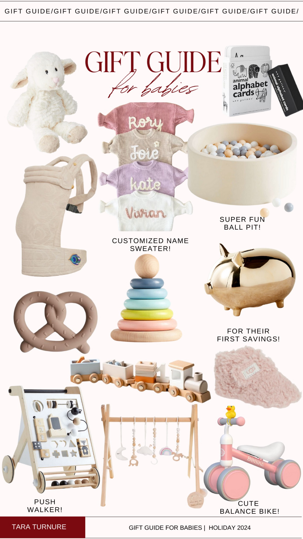 Gift guide. Gift idea. Holiday. Christmas. Trending. Best sellers. Viral. Push walker. Booties. Alphabet cards. Lamb. Piggy bank. Baby carrier. Stacking rings. Ball pit. Balance bike. Sweater. Personalized  

#LTKHoliday #LTKGiftGuide #LTKBaby
