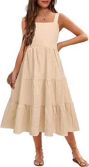 Amazon.com: Arshiner Girls Summer Dress Boho Spaghetti Strap Square Neck Solid A Line Beach Long ... | Amazon (US)