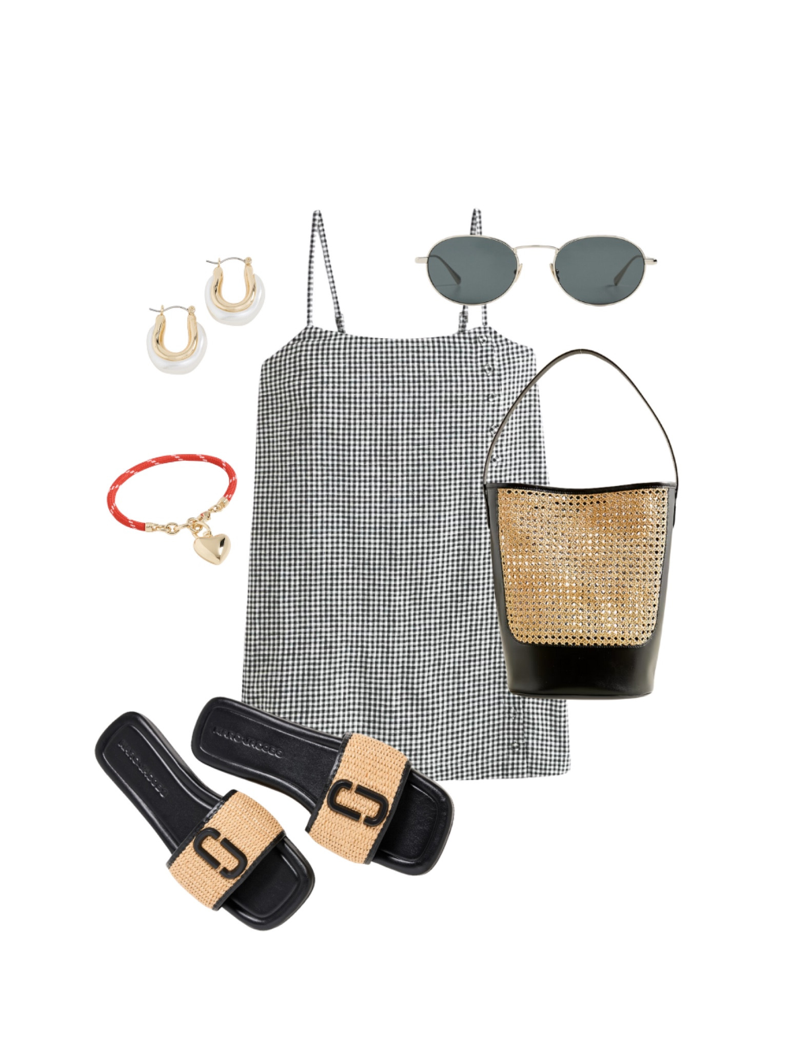 summer outfit idea 🫶🏼 gingham mini dress, slide sandals, raffia sandals, raffia bag, summer bucket bag, bracelet, sunglasses, earrings, vacation outfit idea 

#LTKFindsUnder50 #LTKSeasonal #LTKFindsUnder100