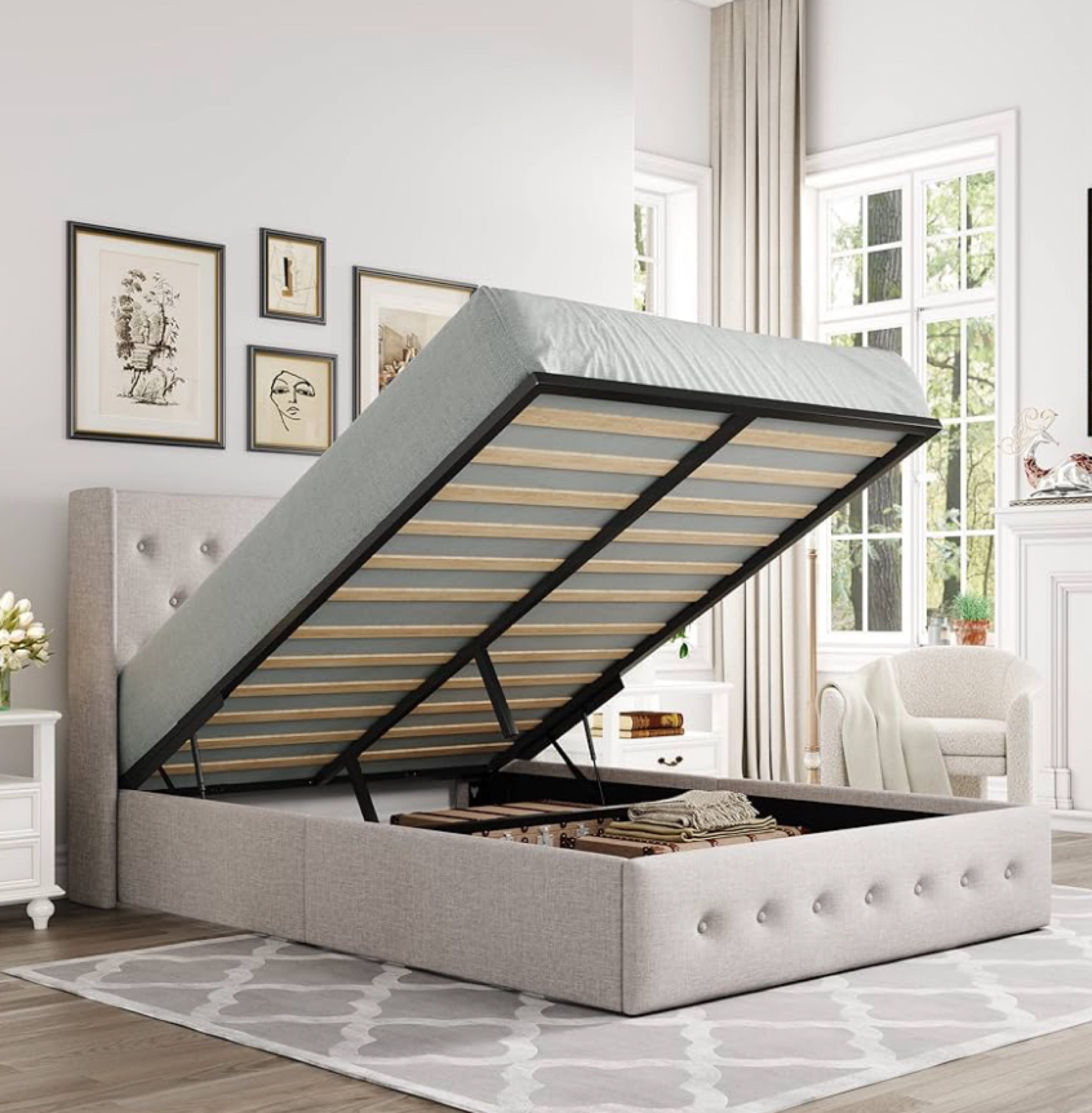 Allewie Queen Size Lift Up Storage Bed, Button Tufted Headboard with Wingback, No Box Spring Needed, Hydraulic Storage, Light Beige.
Available in all sizes.

#LTKhome