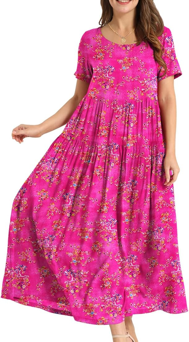 YESNO Women Casual Loose Bohemian Floral Dresses with Pockets Short Sleeve Summer Beach Swing Dre... | Amazon (US)