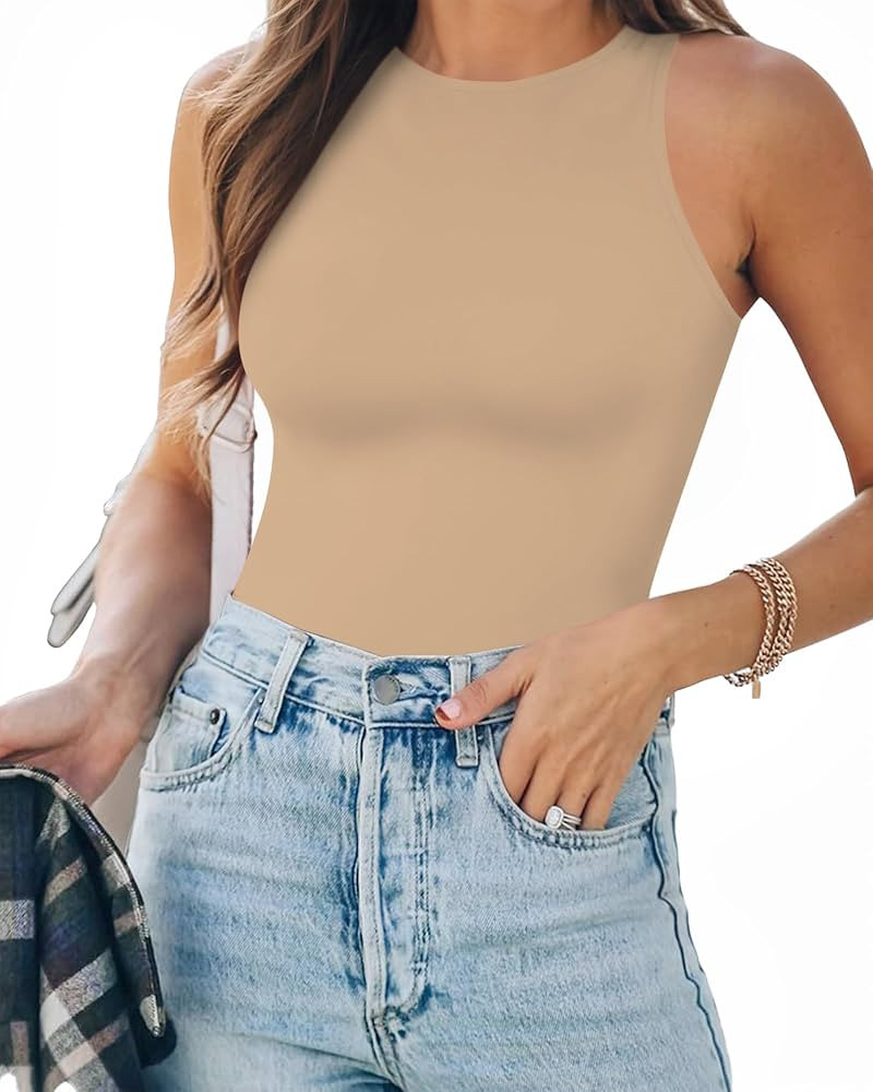MANGOPOP Women's Halter Neck Sleeveless Sexy Tank Tops Crew Neck Long Sleeve Bodysuit | Amazon (CA)