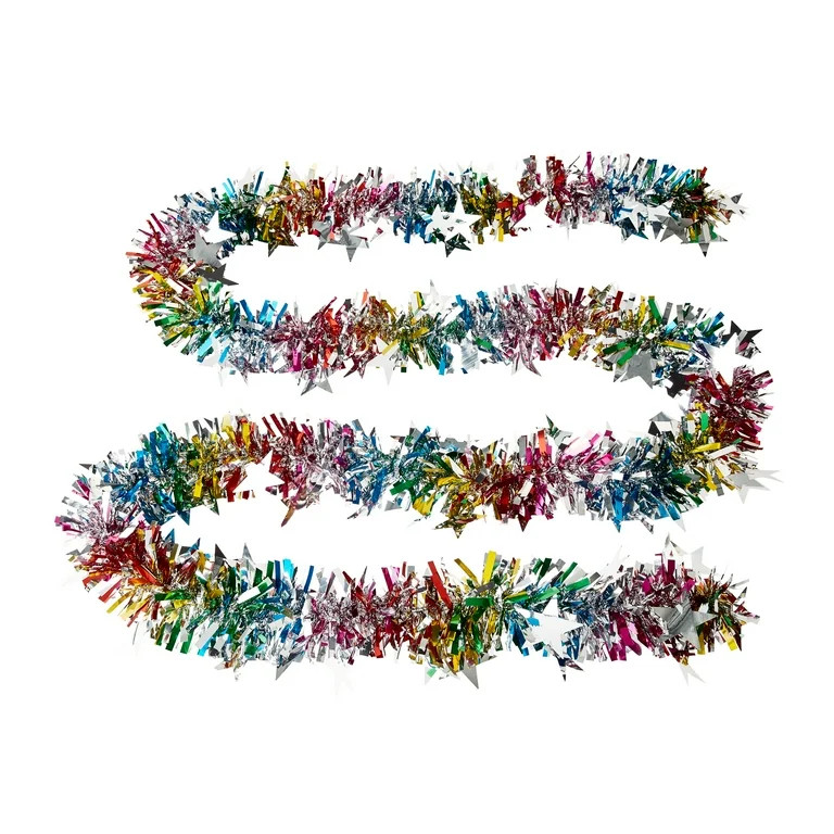 Multicolor Rainbow Tinsel Garland with Jumbo Silver Stars, 9', by Way To Celebrate | Walmart (US)