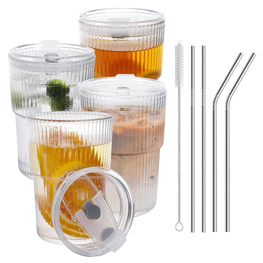 16 OZ Iced Coffee Cups with Lids and Straws Set of 4, Unbreakable Plastic Drinking Glasses Reusab... | Amazon (US)