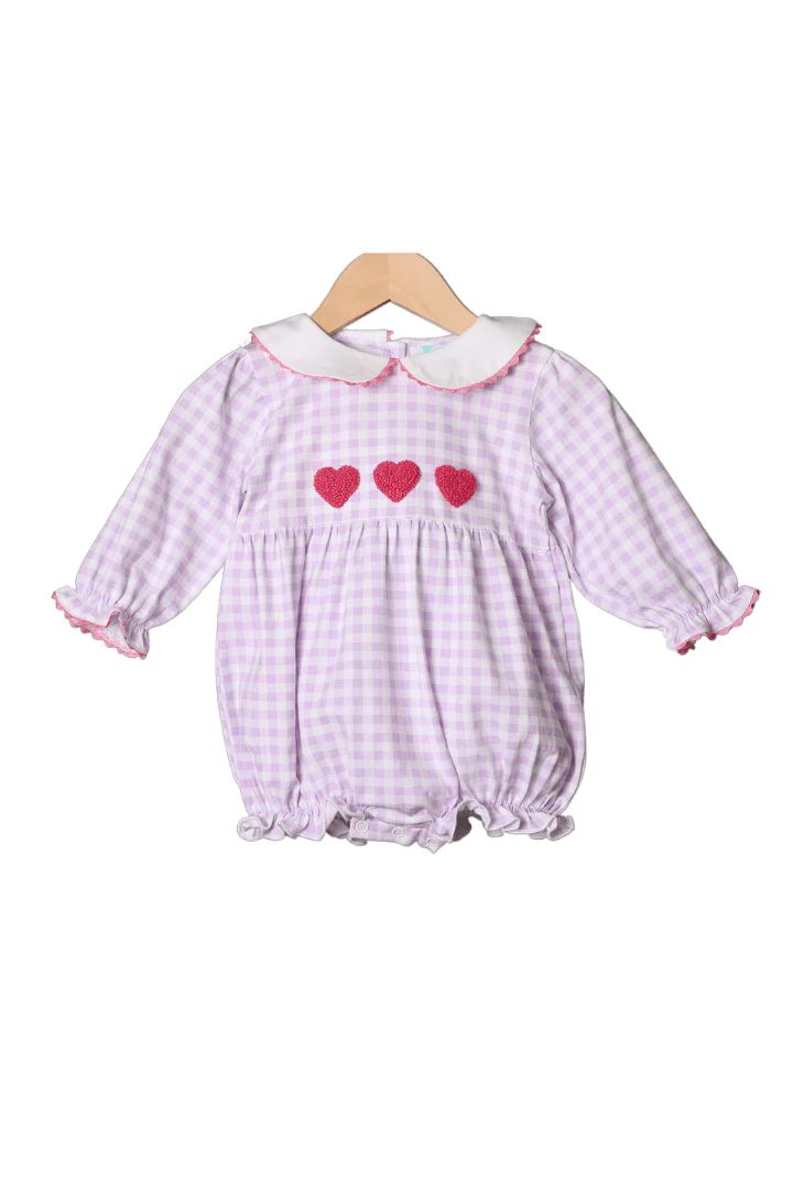 French Knot Pink Heart Lavender Gingham Knit Bubble | The Smocked Flamingo