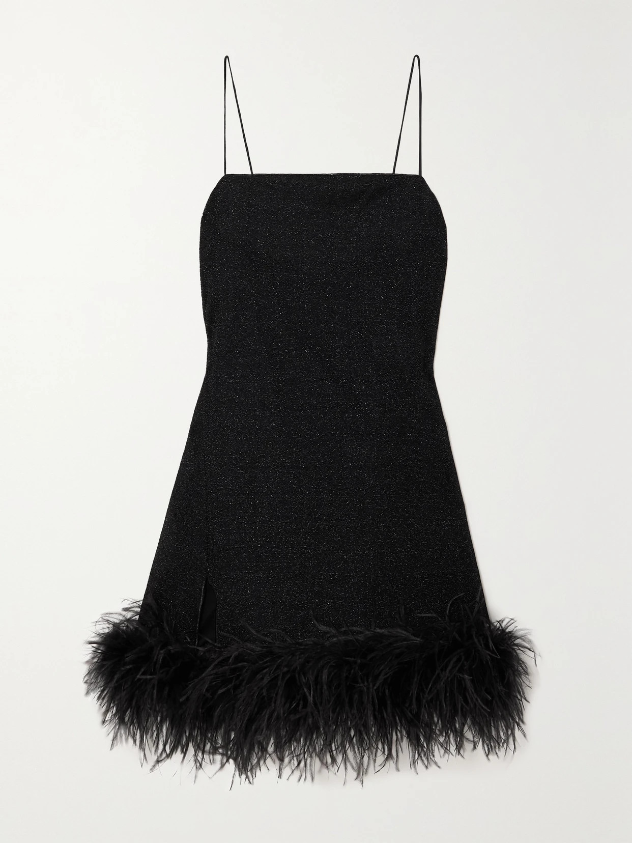 Oséree - Lumière Feather-trimmed Metallic Stretch-knit Mini Dress - Black | NET-A-PORTER (US)
