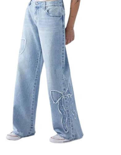 Pinclodly Women's Straight Leg Bow Jeans High Rise Loose Denim Jeans Y2K Low Bow Frayed Edge Baggy Pants Light Blue | Amazon (US)
