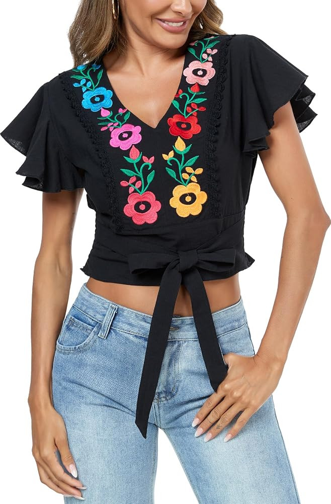 Women's V Neck Tie Front Crop Tops Summer Ruffle Short Sleeve Boho Peasant Embroidered Top Shirt ... | Amazon (US)
