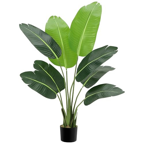 Artificial Bird of Paradise Plant 4Ft Fake Tropical Palm Tree for Indoors and Outdoors, Natural Leaves Faux Banana Leaf Trees with Plastic Pot for Office and Home Decor | Amazon (US)
