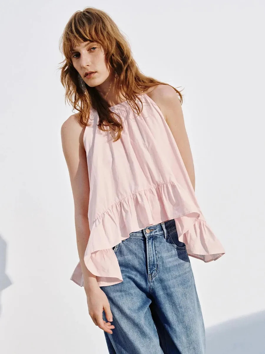 Ruffle Trim Crew Neck Sleeveless Overhead Shirt | Urban Revivo