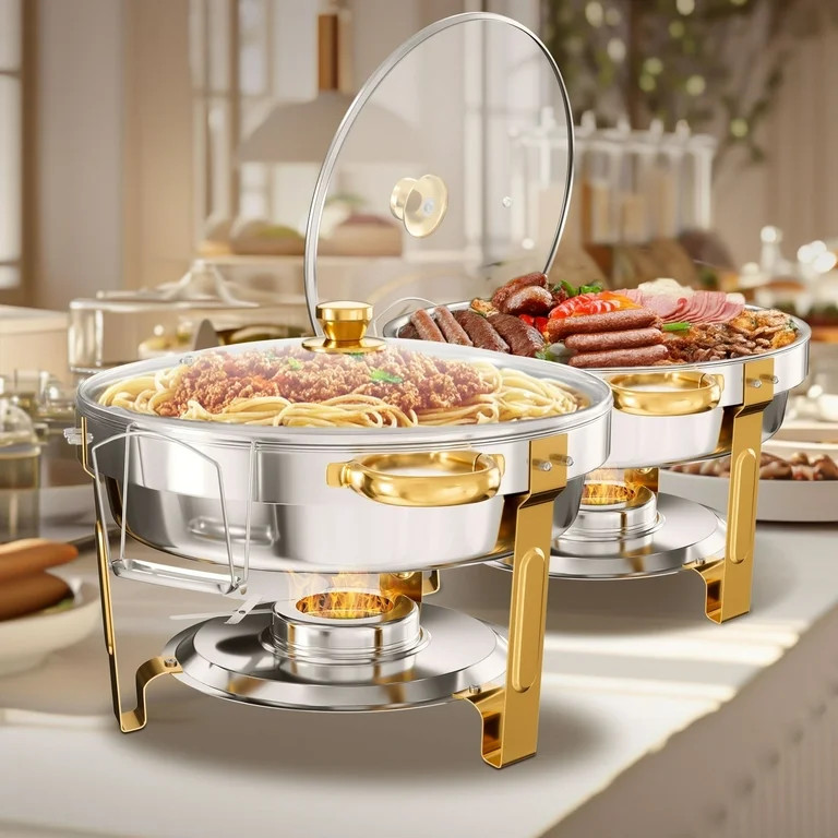 WARMOUNTS Chafing Dish Buffet Set, 5QT 2 Pack Gold Accent Stainless Steel Chafers and Buffet Warm... | Walmart (US)