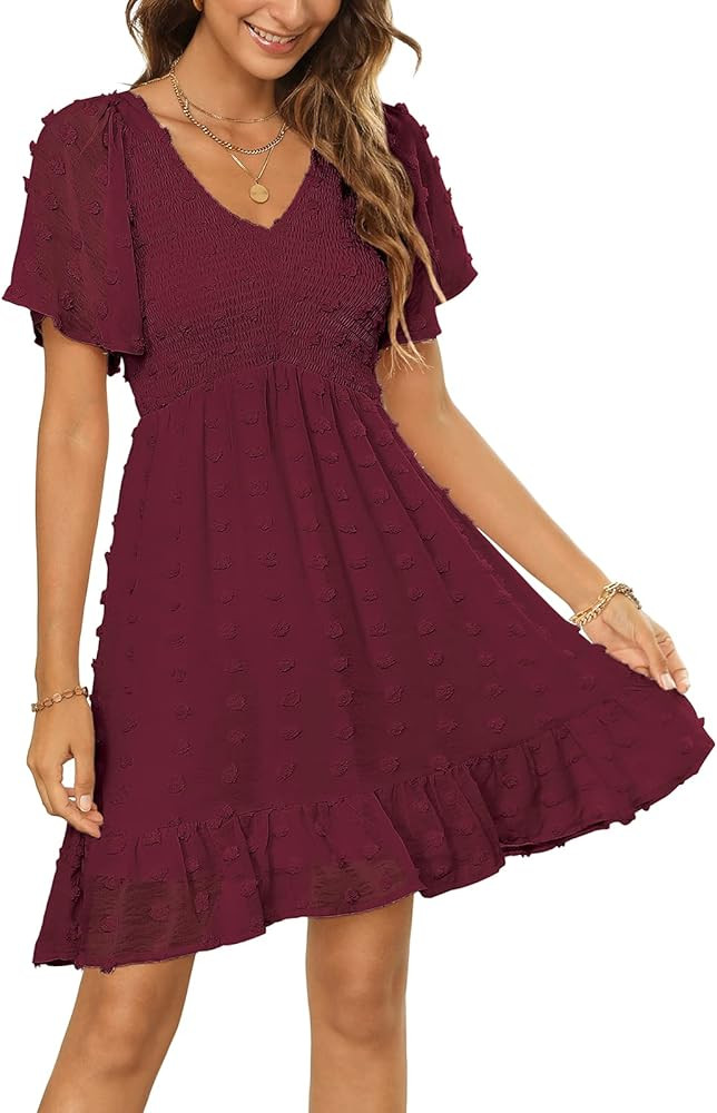 Zattcas Womens Smocked Flutter Sleeve V Neck Ruffle Mini Swiss Dot Babydoll Dress | Amazon (US)