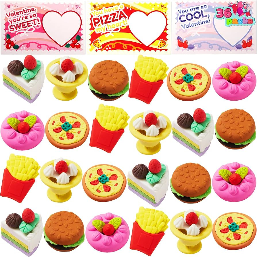 JOYIN 36 Pieces Valentines Day Gift Cards with 3D Dessert Erasers for Kid Classroom Valentines Da... | Amazon (US)