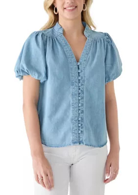 Women's Button Front Short Puff Sleeve Denim Shirt | Belk