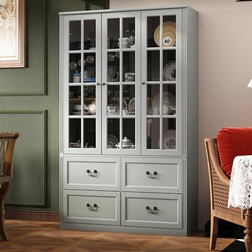 Homsee 78.7" H Bookcase Bookshelf with 8-Tier Shelves, 4 Drawers & 3 Glass Doors, Wooden Display ... | Amazon (US)