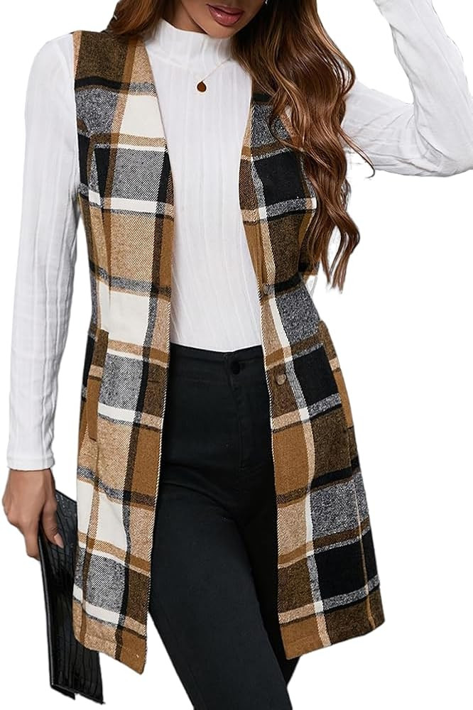 IDEALSANXUN Long Plaid Vest for Women Fall Winter Trench Coat Sleeveless Blazer Jacket Cardigan W... | Amazon (US)