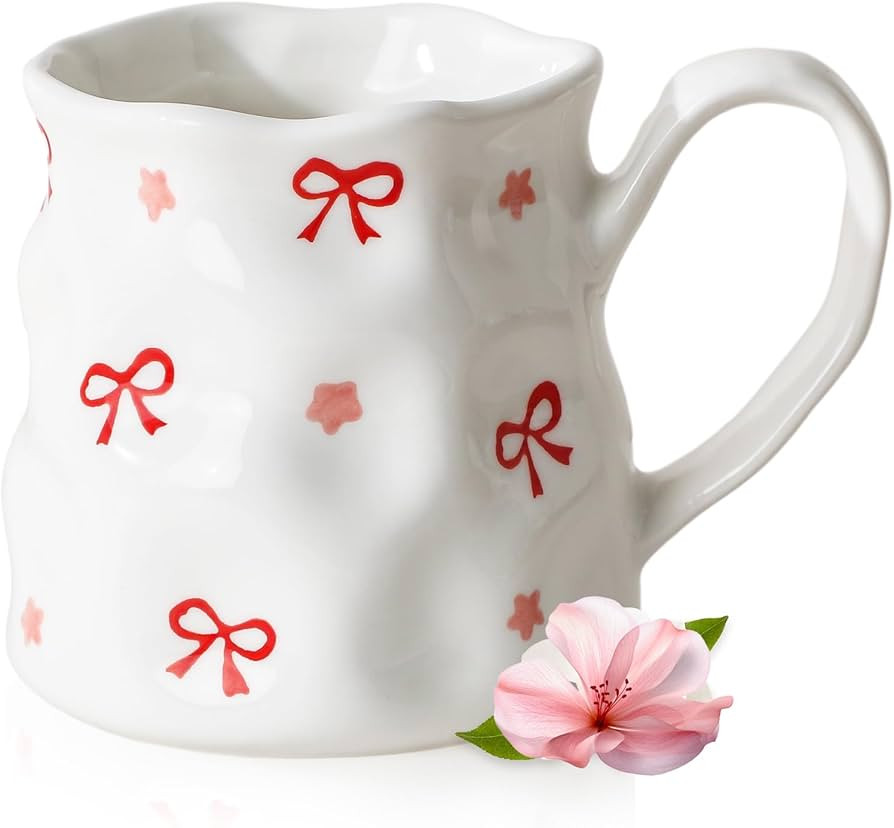 Ceramic Cute Coffee Mug,14 oz Pretty Mug,Unique Coffee Mug (Bows).Ceramic Mug For Women,Hand-Pain... | Amazon (US)