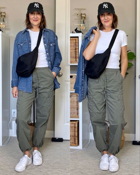 Casual spring outfit
I’m 5’ 7” size 4ish - watch the sizing here, it’s all over the place!
Tee: M (from Aritzia, can’t link)
Cargo pants: XS
Denim shirt: men’s XL
Sneakers fit tts


#LTKstyletip #LTKSeasonal #LTKshoecrush