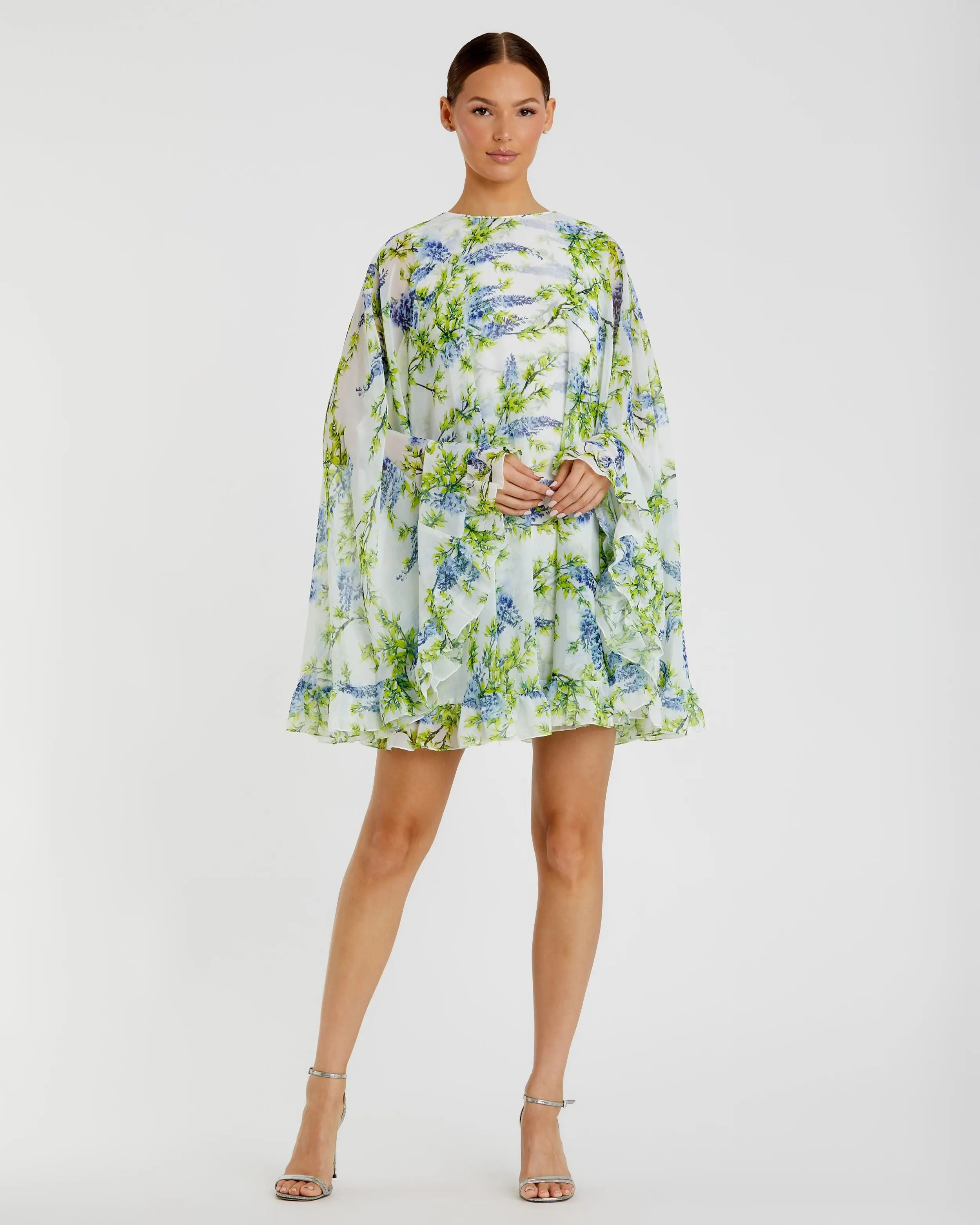 Floral Print High Neck Ruffle Hem Cape Mini Dress - Mac Duggal | Mac Duggal