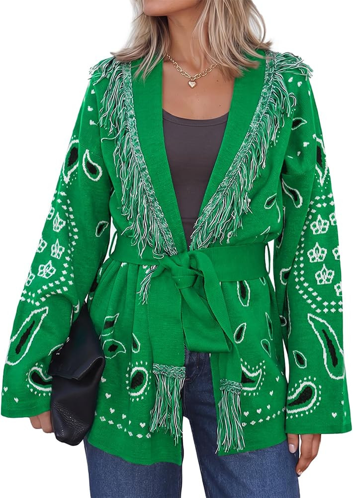 Cicy Bell Womens Fringe Cardigan Printed Long Sleeve V Neck Belt Sweaters | Amazon (US)