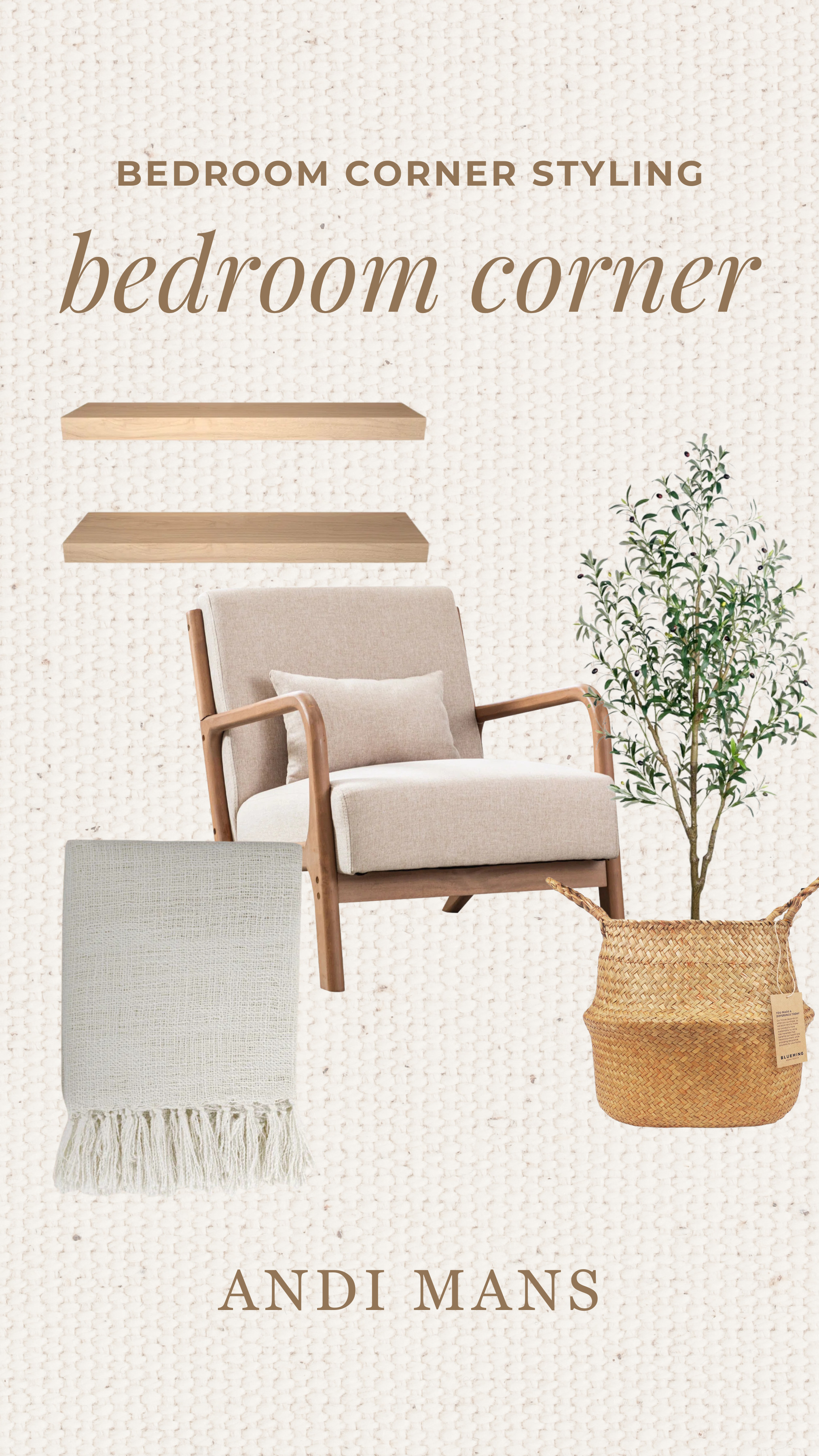 Neutral bedroom corner styling. Accent chair, faux tree and throw blanket and a beautiful floating wooden shelves. 

 #LTKOver40 #LTKHome #LTKSaleAlert