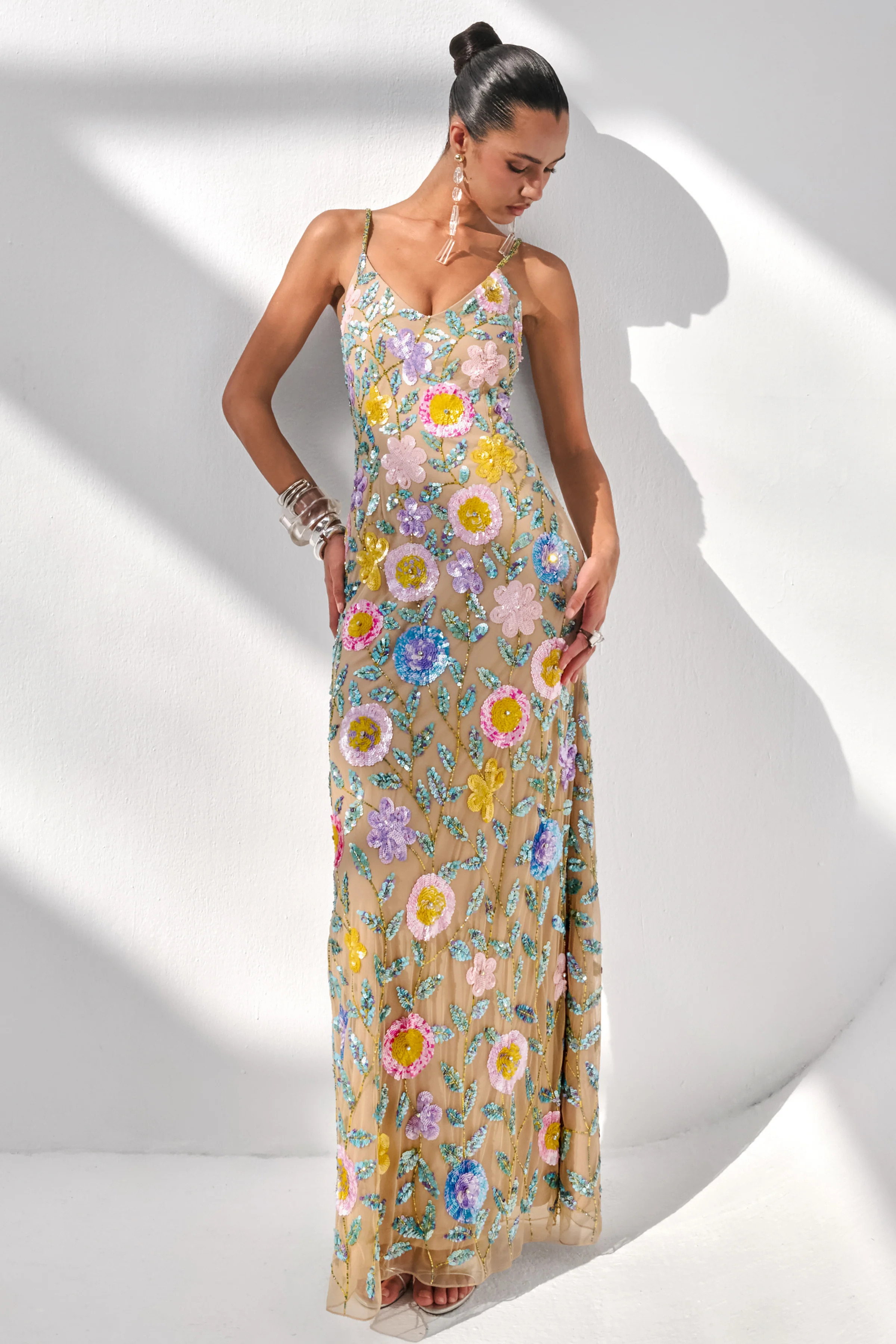 Gemini | Nude Floral Embellished Strappy Maxi Dress | Club L London