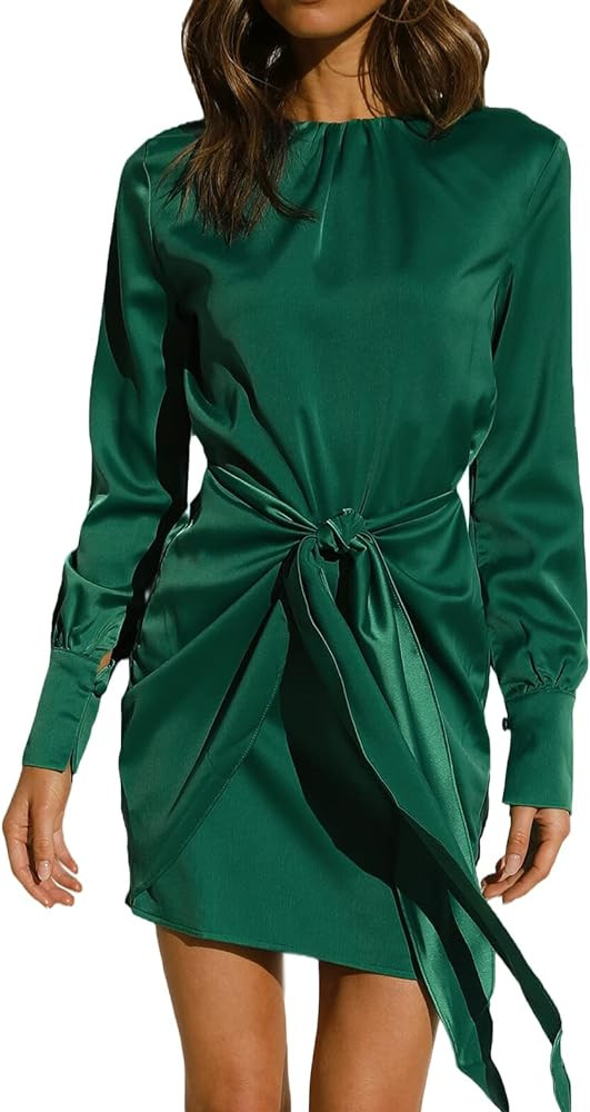 R.Vivimos Women's Satin Dress Long Sleeve Casual Wrap Ruched Tie Waist Party Mini Dress | Amazon (US)
