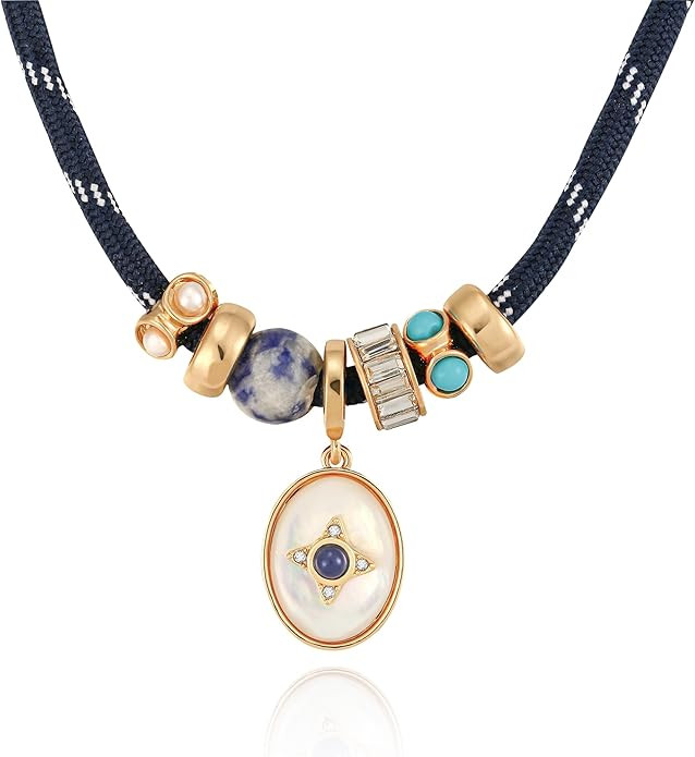 Cord Pendant Necklace for Women, Adjustable Cord Choker with Natural Stone & Charm, Trendy Statem... | Amazon (US)