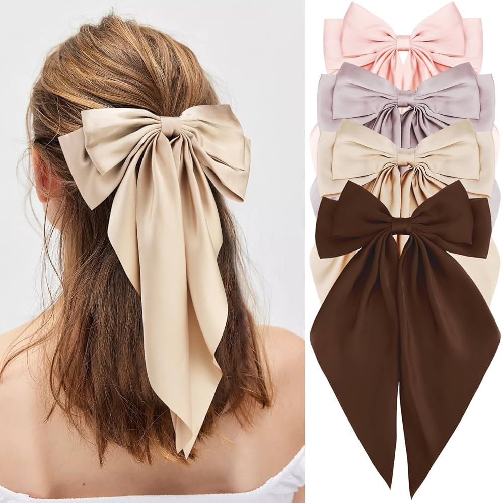 Hair Bows Silky Satin Bows for Hair Ribbons 4Pcs Coquette Oversized Long Tail Hair Bow Clips Barr... | Amazon (US)