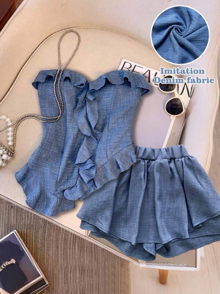 GlowEve Women's 2 Pieces Set Asymmetrical Ruffle Strapless Top And Shorts | SHEIN
