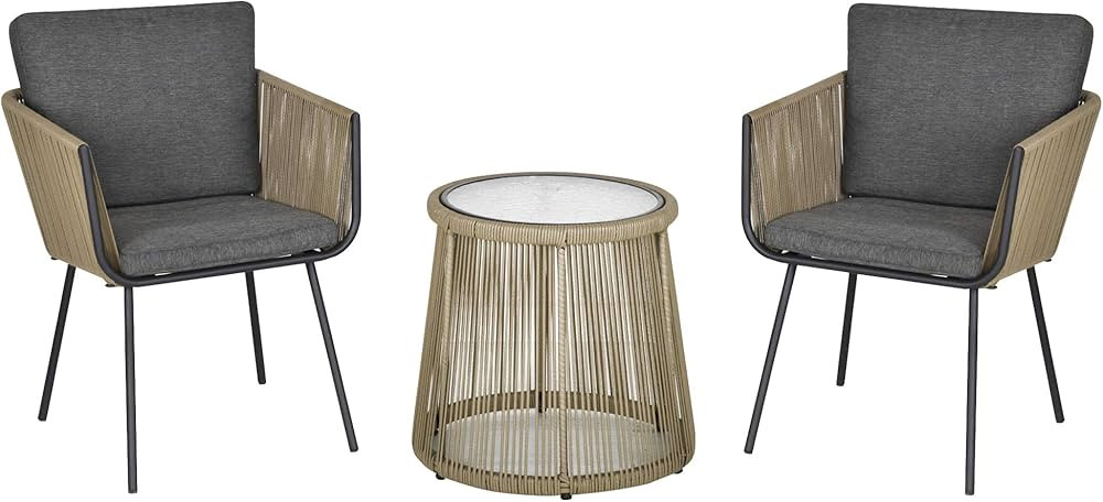 Outsunny 3-Piece Rattan Wicker Table & Chairs Round Bistro Set with Adjustable Foot Pads, Cushion... | Amazon (US)