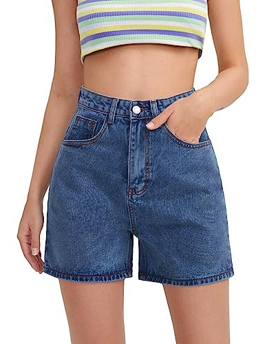 SweatyRocks Women's High Waist Straight Leg Denim Shorts Solid Jean Shorts Summer Hot Pants with Pockets Medium Wash XS | Amazon (US)