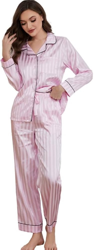 U2SKIIN Women Satin Pajamas Set, Long Sleeve Silk Pajamas for Women Striped Button Down 2-Piece P... | Amazon (US)