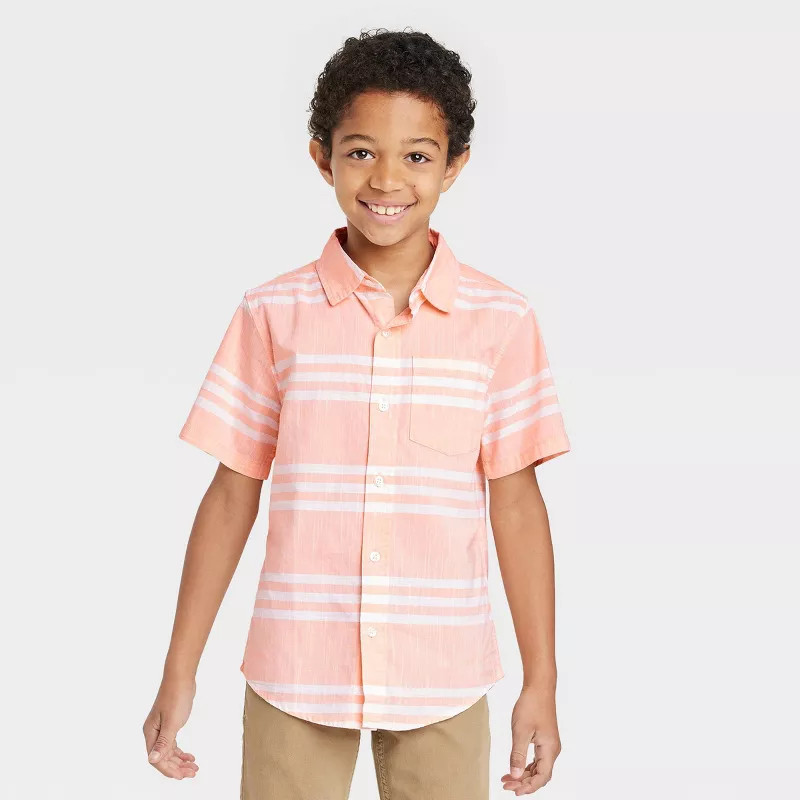 Boys' Horizontal Striped Button-Down Short Sleeve Resort Shirt - Cat & Jack™ Orange | Target