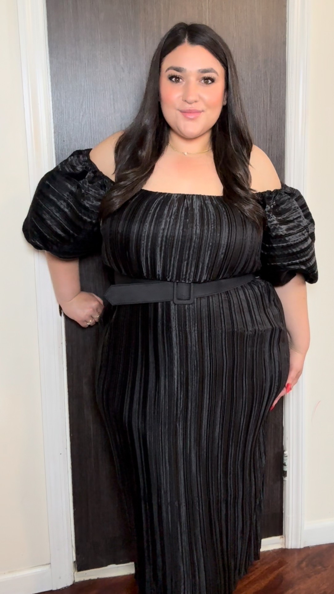 Beautiful black pleated belted dress 