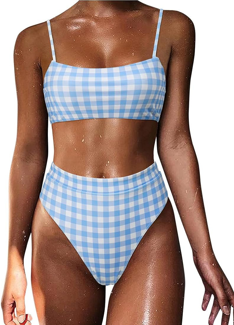 MOSHENGQI Women High Wasited Bikini Shoulder Strap 2 Piece High Cut String Swimsuits | Amazon (US)