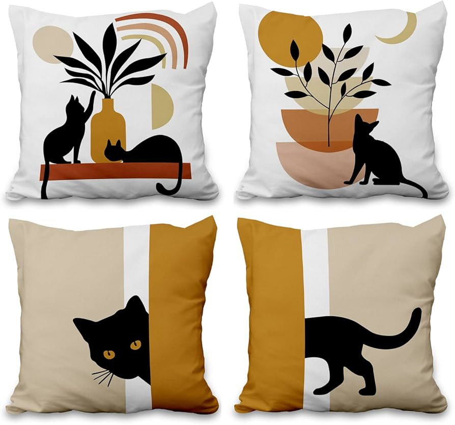Aoihrraan 46x46cm 4er Set Dekorativ Schwarze Katze Kissenbezug Boho Abstrakt Kunst Zierkissenbezu... | Amazon (DE)
