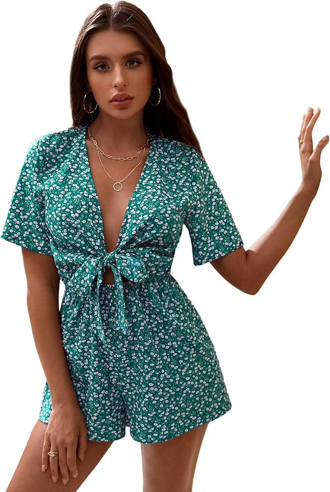 SweatyRocks Women's Sexy V Neck Self Tie Front Short Romper Jumpsuit Playsuit | Amazon (US)