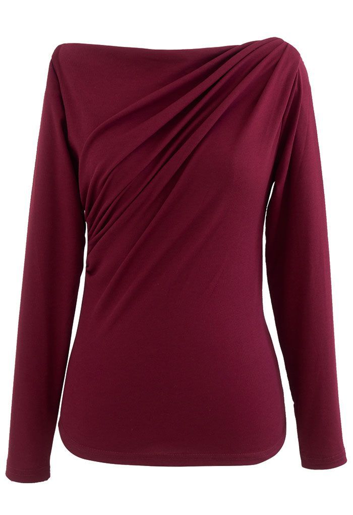Ruched Front Long Sleeve Top in Burgundy | Chicwish