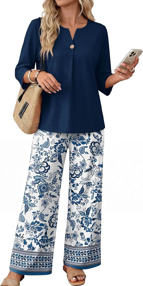 WIHOLL Two Piece Sets for Women 3/4 Length Sleeve Lounge Sets Summer Spring Vacation Travel Outfits Fashion Clothing | Amazon (US)