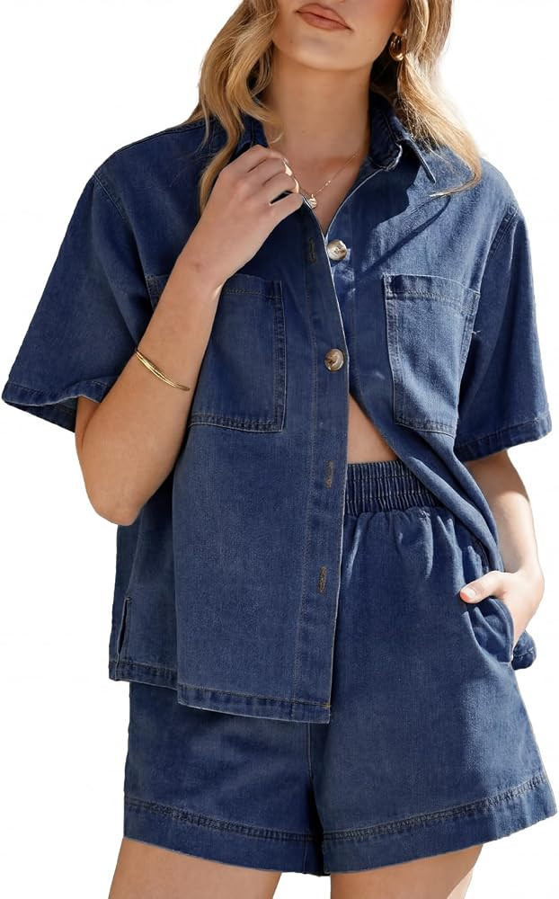 Sidefeel Womens 2 Piece Sets Denim Summer Outfits Comfy Short Sleeve Button Down Shirt High Waist... | Amazon (US)