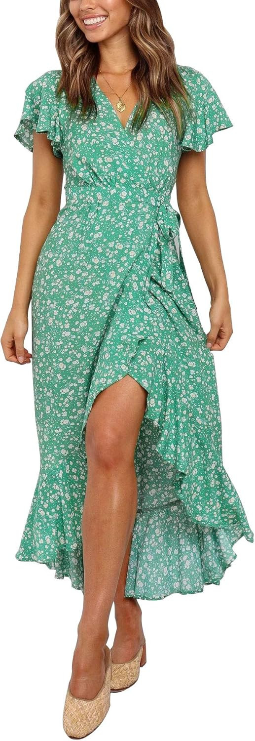 ZESICA Women's Summer Bohemian Floral Printed Wrap V Neck Beach Party Flowy Ruffle Midi Dress | Amazon (US)