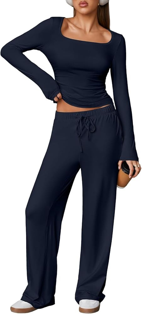 Herseas Women's 2 Piece Outfits Long Sleeve Square Neck Crop Tops Wide Leg Tracksuits Casual Loun... | Amazon (US)