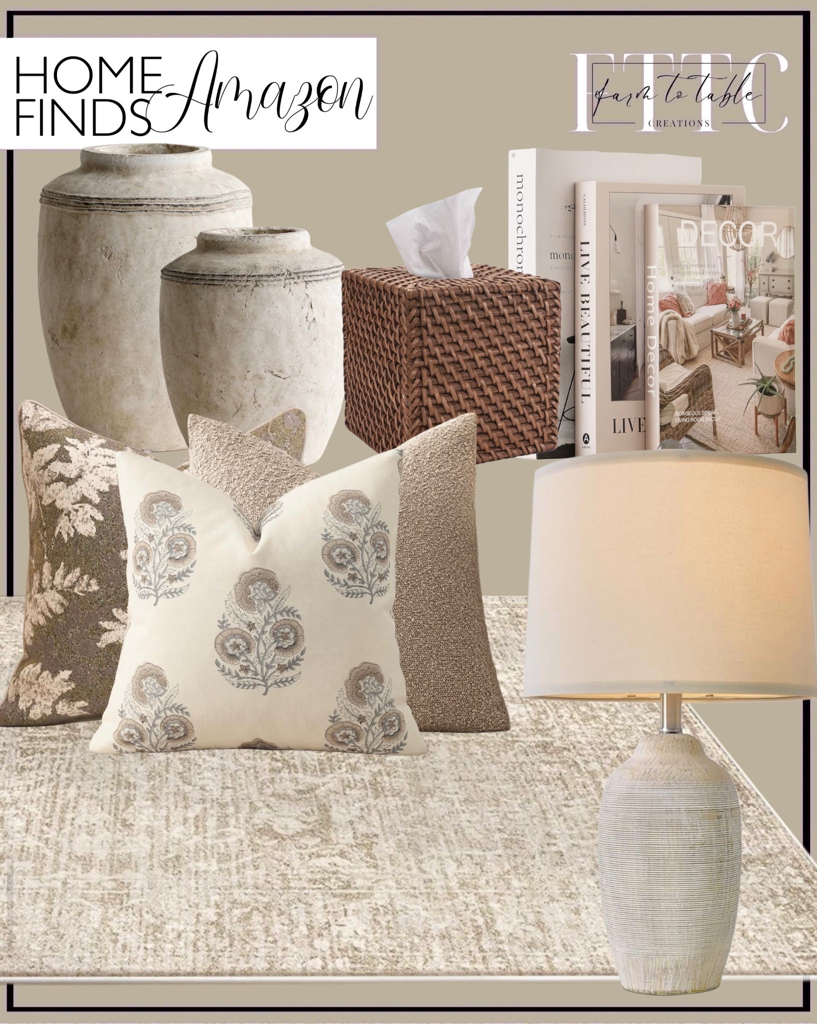 Neutral Amazon Home Finds That Look So High-End 🤍

Follow @farmtotablecreations on Instagram for more high-end looks for less 🤎

These are the kind of finds that make your home feel instantly styled 😍 The soft, layered neutrals… the mix of textures… it all gives that cozy, designer look without the designer price. I’m loving the oversized vases, the prettiest patterned pillows, and that warm-toned rug that ties everything together so effortlessly.

Add in a woven tissue box (yes please 👏🏼), a stack of neutral books, and a classic lamp like this… and you’ve got a space that feels warm, elevated, and completely put together 🤍

#amazonhome #homefinds #neutraldecor #throwpillows #livingroomrug #homedecor #cozyhome #amazonfinds #decorideas #neutralhome #tablelamp #livingroomdecor #layeredhome #affordabledecor #homeinspo

neutral decor | amazon home | throw pillows | living room rug | table lamp | decorative vases | woven decor | coffee table styling | neutral books | cozy home decor | warm neutral home | layered textures | designer look for less | home styling ideas | interior decor finds | curated home | everyday styling | elegant home | soft neutrals | affordable home finds | living room styling | home decor ideas | neutral aesthetic | cozy living room | texture layering

#LTKSaleAlert #LTKHome