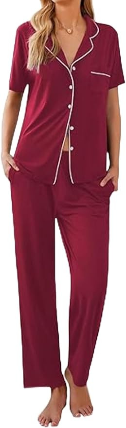 Ekouaer Women Pajamas Set Button Down Sleepwear Short Sleeve Nightwear with Long Pants Soft Pjs S... | Amazon (US)