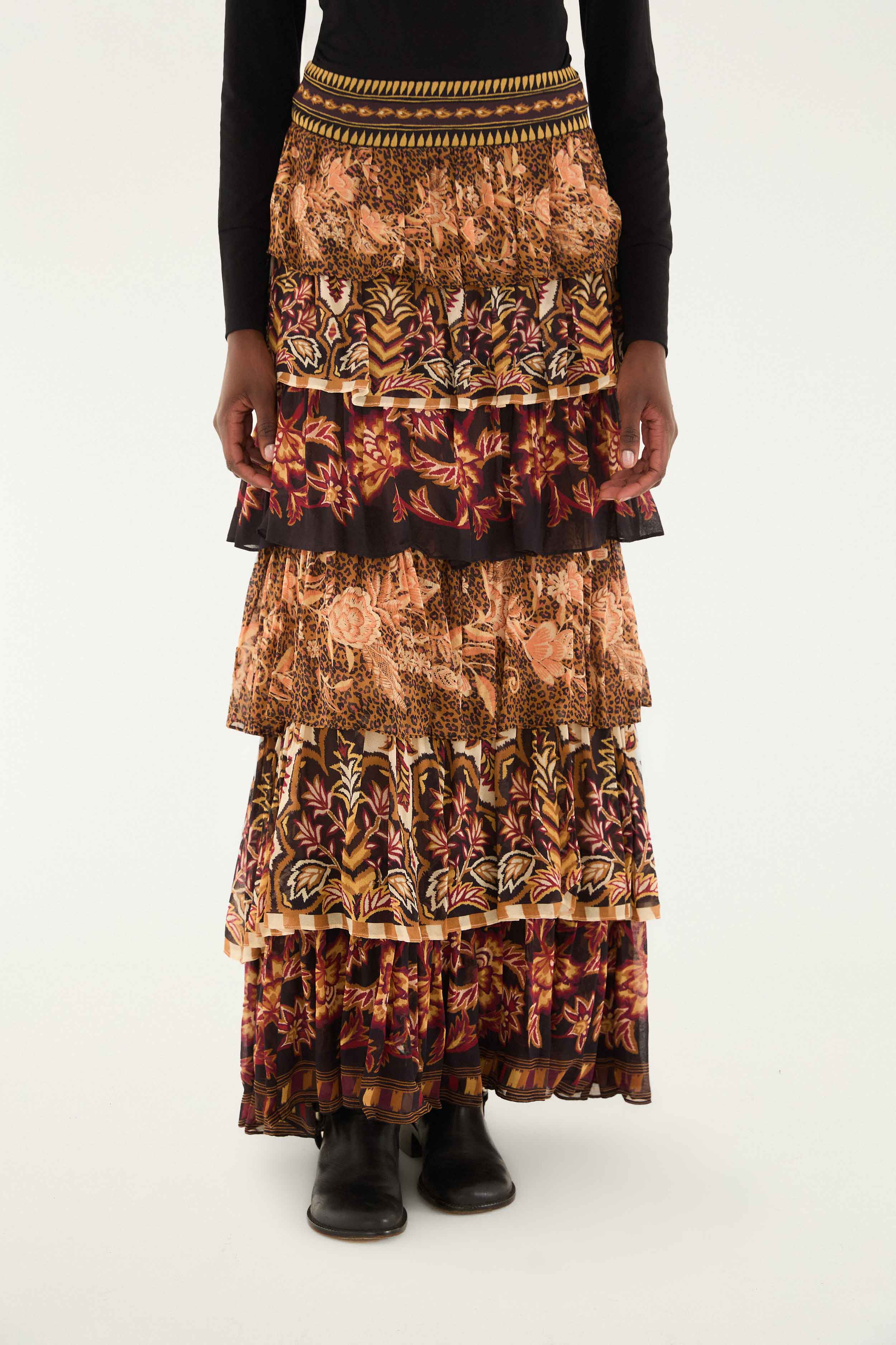 Mixed Scarves Ruffled Maxi Skirt | FARM Rio | FarmRio (US)