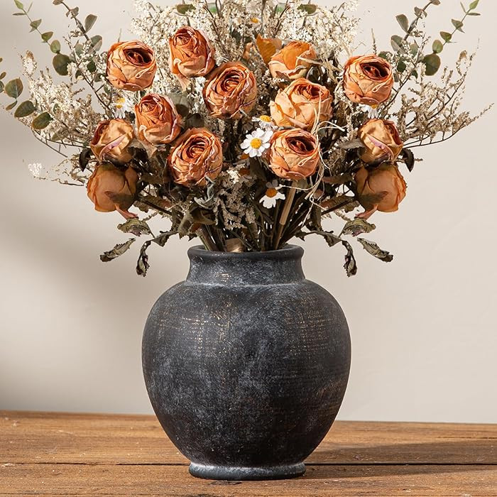 Ceramic Rustic Vase, 6 Inch Small Flower Farmhouse Vase Decorative Vase Short Pottery Vases for H... | Amazon (US)