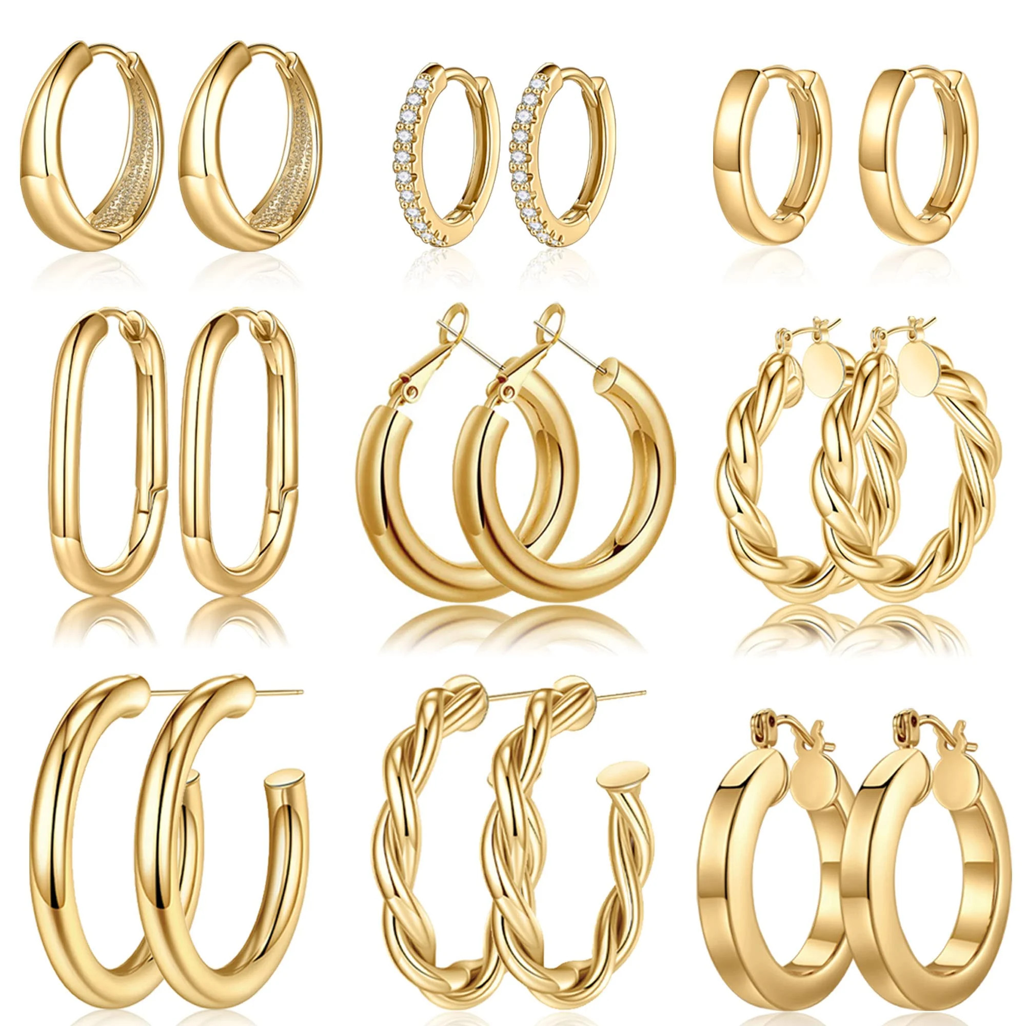 Turandoss 9 Pairs 14K Gold Plated Chunky Twisted Huggie Hoop Earrings Set for Women Waterproof Th... | Walmart (US)